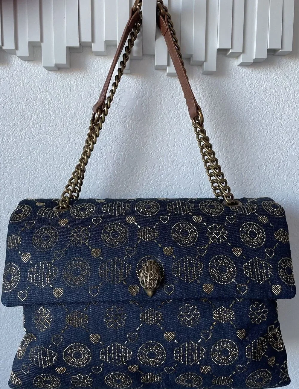 New Kurt Geiger XXL Battersea Denim Shoulder Bag Navy Embellished $318